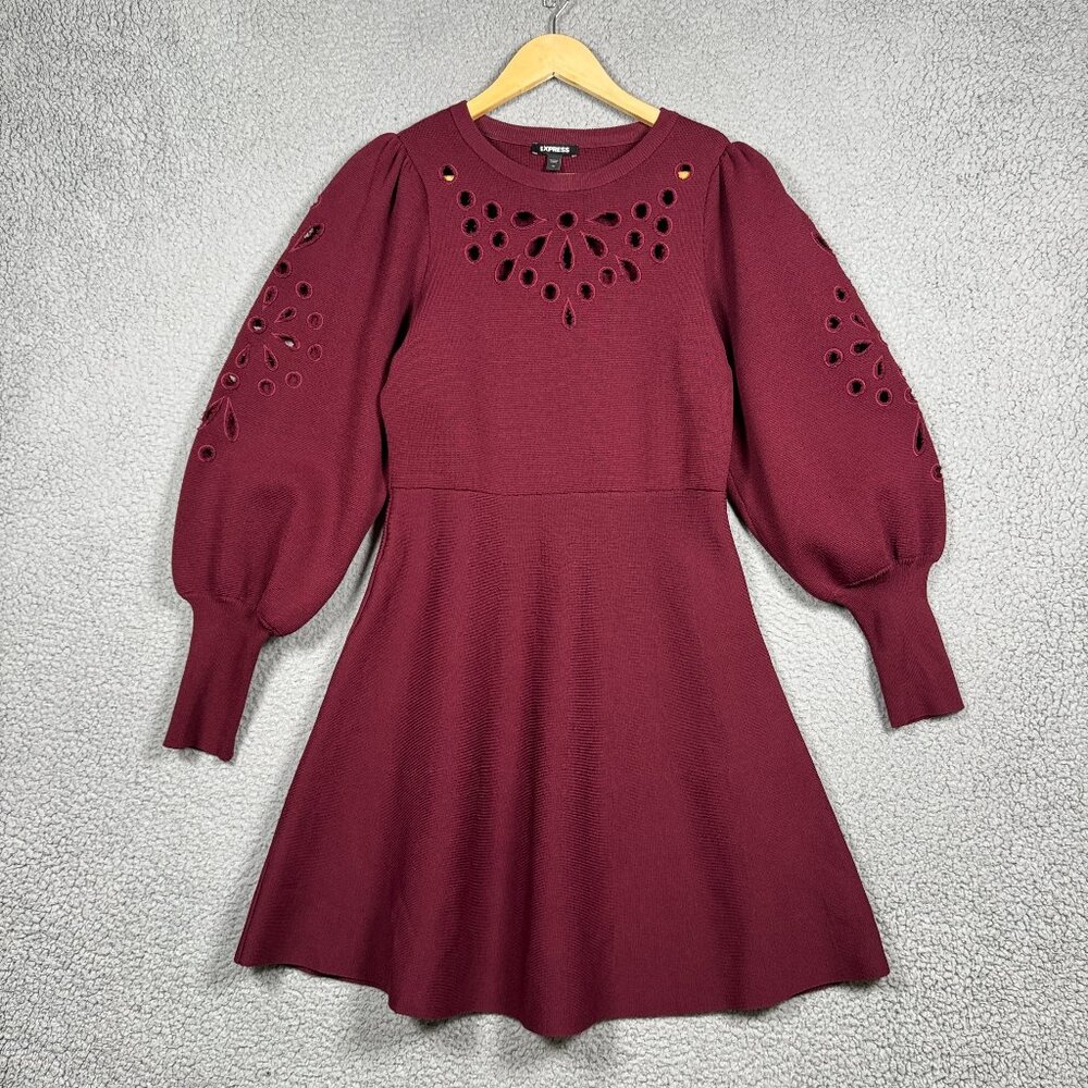 Express Sweater Dress Womens Medium Burgundy Eyelet Lace Fit Fit And Flare Plush